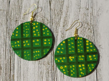 Load image into Gallery viewer, Green Checkerboard Hand-Painted Wood Earrings with Yellow Dots ✨💛