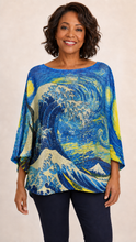 Load image into Gallery viewer, Women’s Starry Night Ocean Wave Knit Sweater – Blue & Yellow