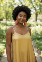 Load image into Gallery viewer, Handcrafted Red Tribal Stripe Wood Earrings | Bold African-Inspired Statement Jewelry