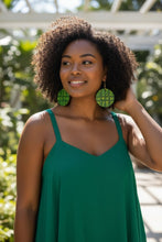 Load image into Gallery viewer, Green Checkerboard Hand-Painted Wood Earrings with Yellow Dots ✨💛