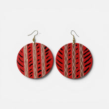 Load image into Gallery viewer, Handcrafted Red Tribal Stripe Wood Earrings | Bold African-Inspired Statement Jewelry
