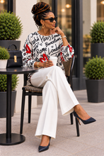Load image into Gallery viewer, City Script &amp; Heart Print Relaxed Fit Sweater – Black, White &amp; Red
