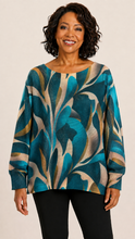 Load image into Gallery viewer, Women’s Teal Abstract-Print Knit Sweater with Ribbed Cuffs
