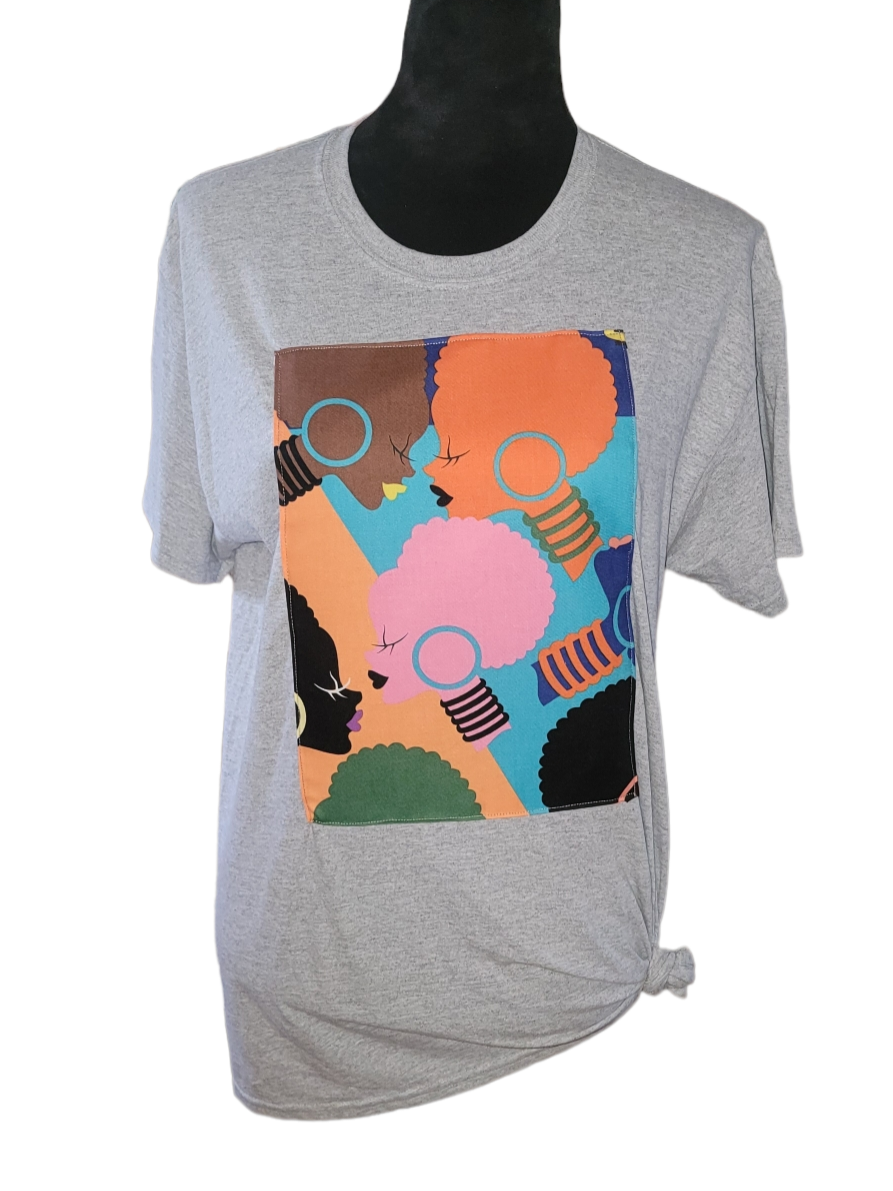 T-Shirts - Ankara Grey Colorful Afro Heads