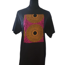 Load image into Gallery viewer, Black t-shirt with Pink and Orange Ankara fabric.
