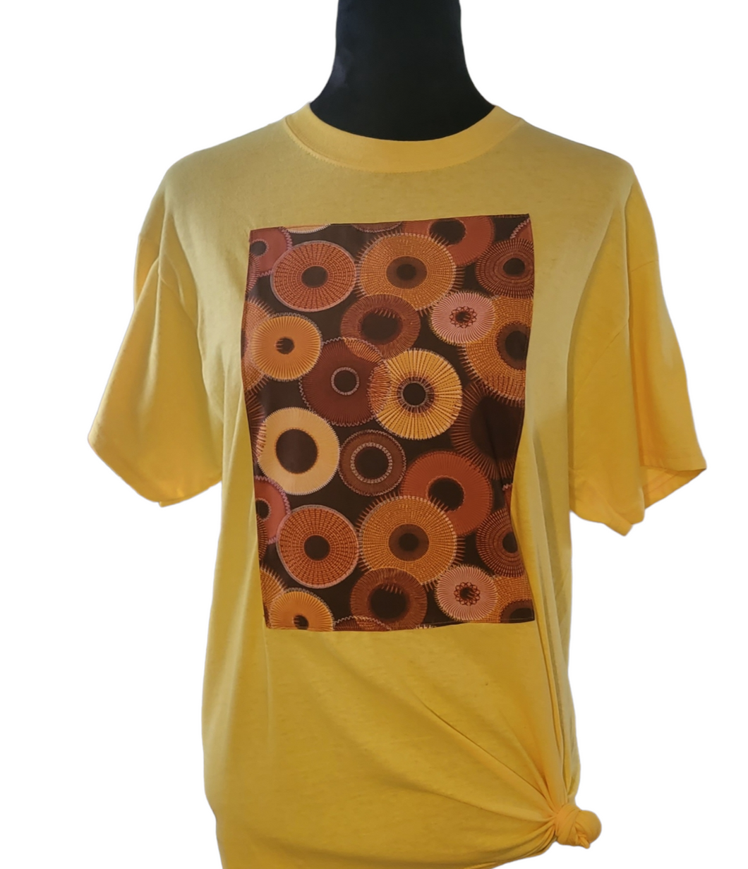 Ankara Fabric Yellow T-Shirt with Orange and Brown Swirls