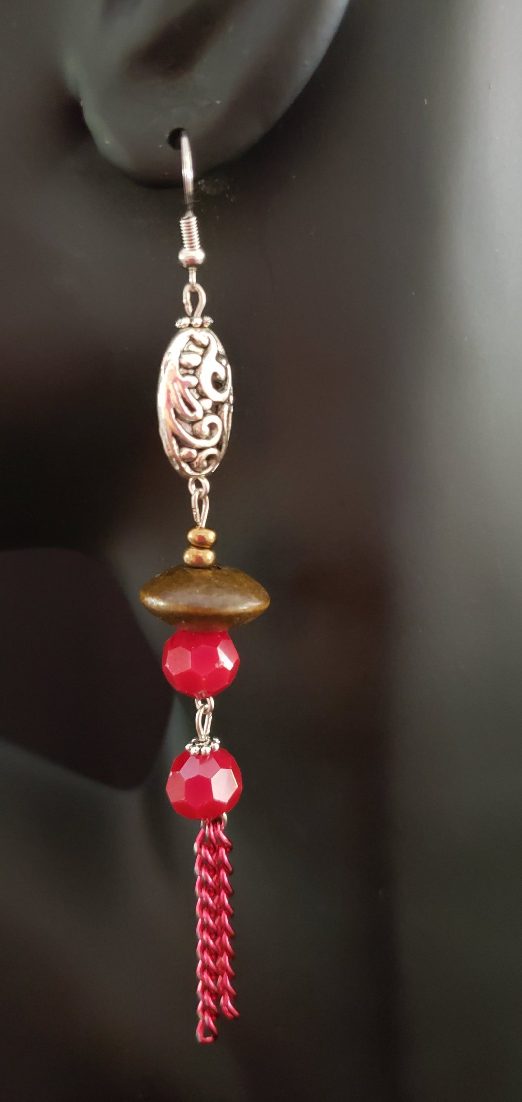 Red Agate and Wood Shoulder Duster Earrings #BE113