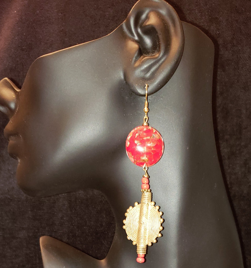 Red and Gold Beads and Copper Disc Earrings #BE114