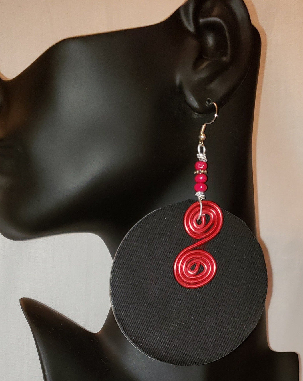 Black Denim and Red Swirl Earrings WE101