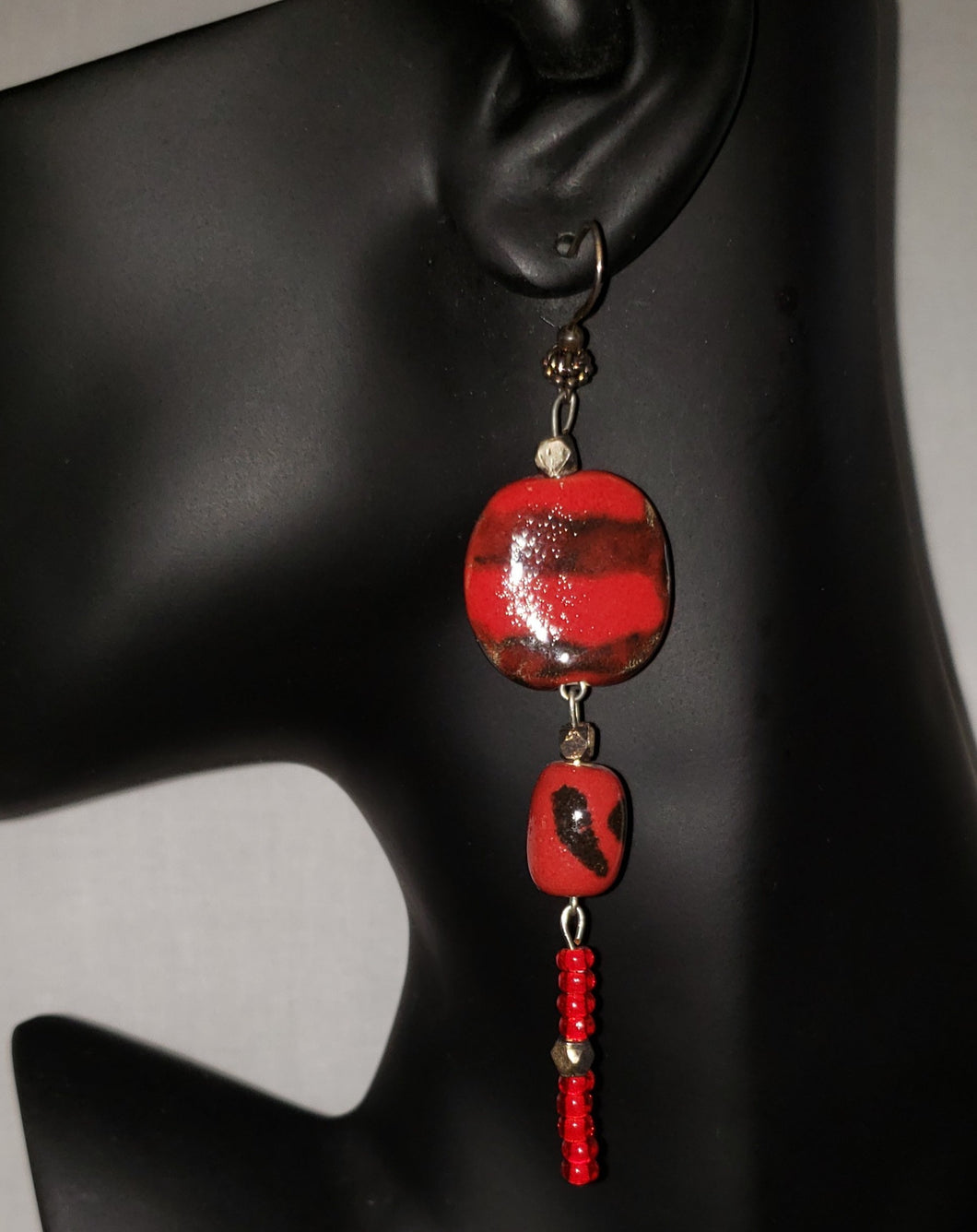 Kazuri Ceramic Red Beaded Earrings BE112