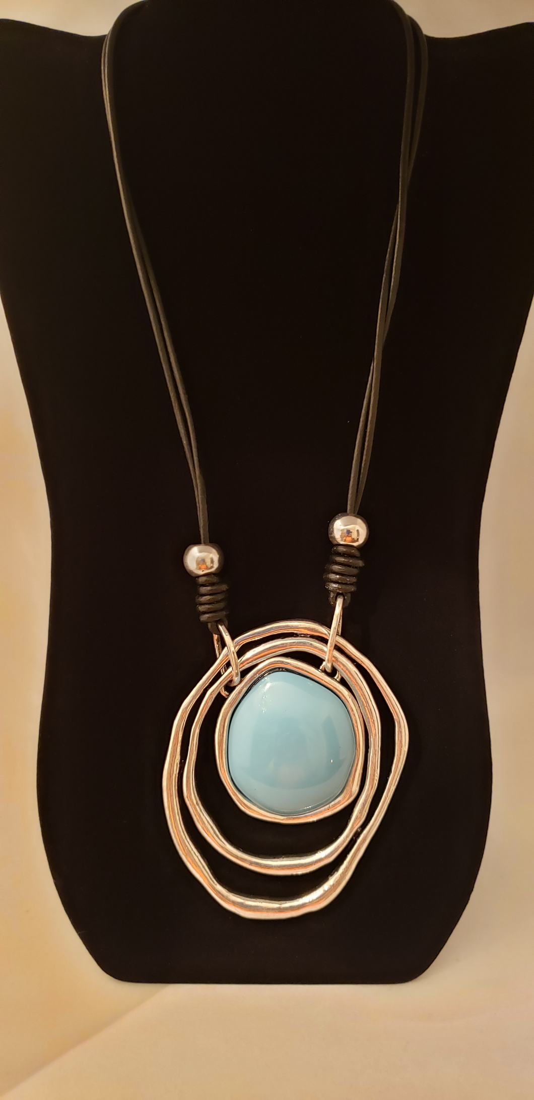 Moonstone Faux Leather Cord and Silver Plated Large Egg Shaped Bead Necklace