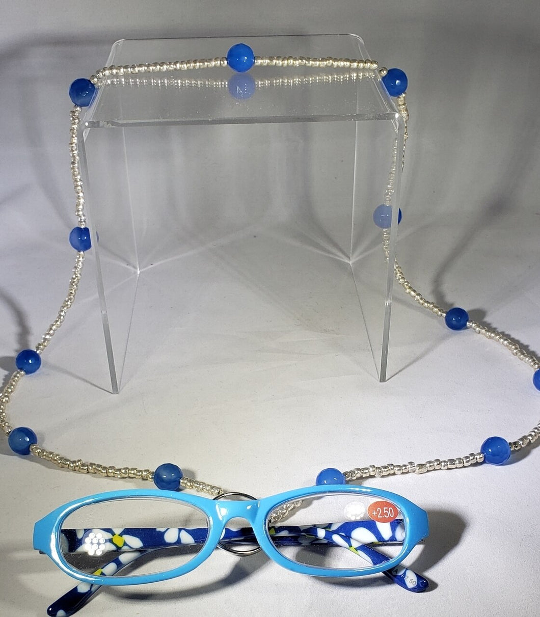 Blue Agate and Silver Colored Seed Bead Eyeglass/Mask Holder - Never Lose Your Glasses Again - (EH110)